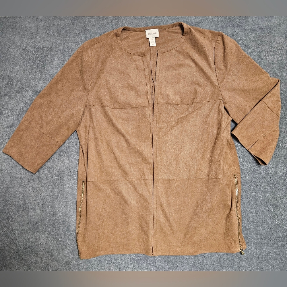 CHICO'S Women’s Faux Suede Open Front Side Vent Zip Chardigan XL Tan Lagenlook
